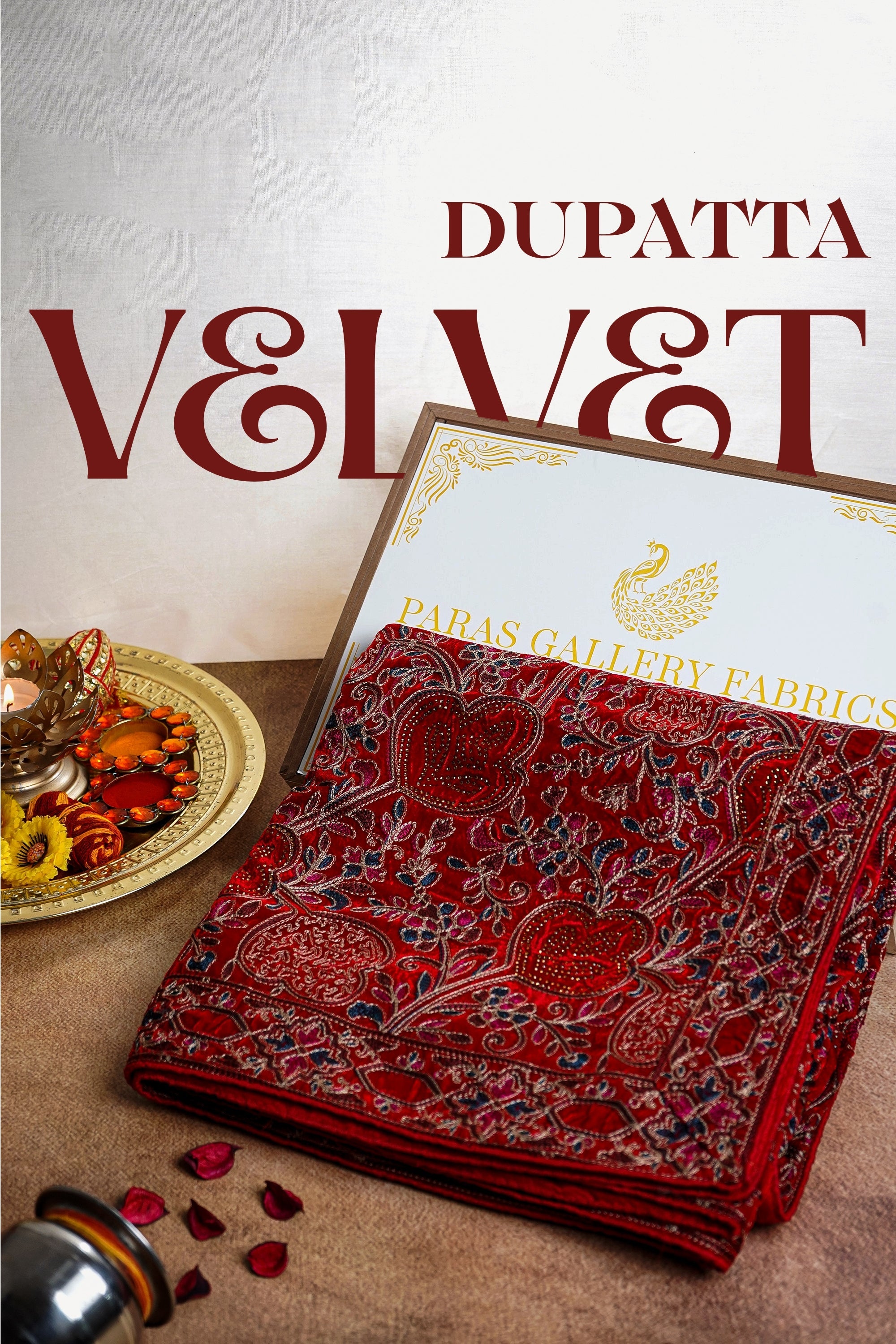 Red Velvet Dupatta With All Over Thread And Sarwoski Work 16088