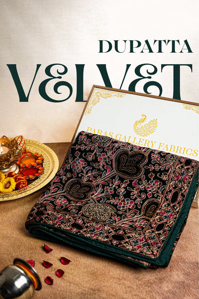 Bottle Green Velvet Dupatta With All Over Thread And Sarwoski Work 16090
