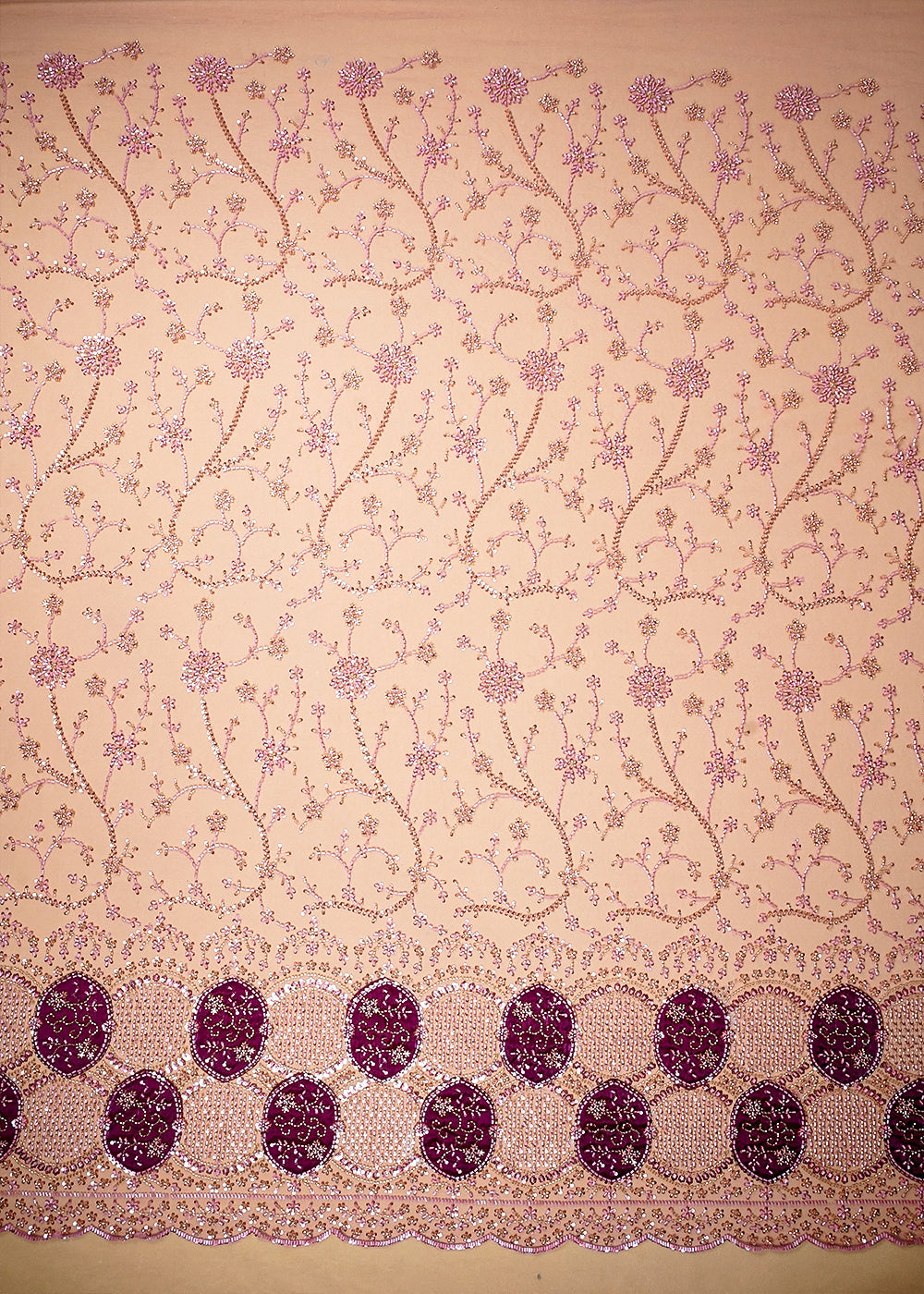 Onion Imported Net Fabric with Allover Sequins and Katdana Work with One-Side Patch Work Border 16092