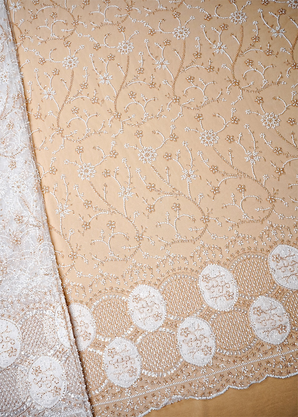 White Imported Net Fabric with Allover Sequins and Katdana Work with One-Side Patch Work Border 16093