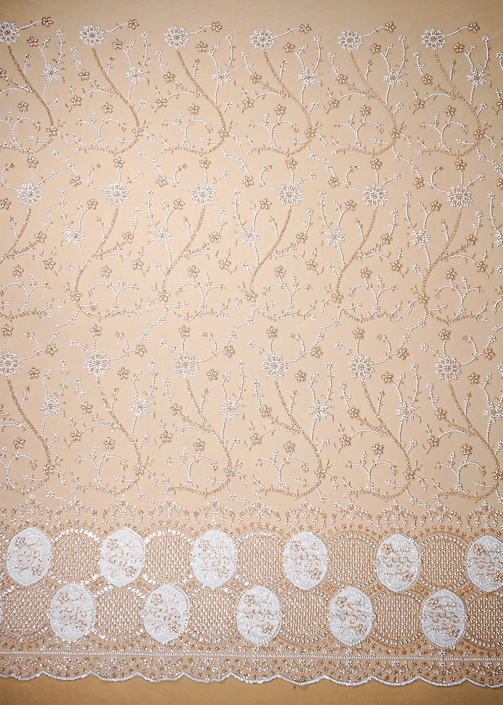 White Imported Net Fabric with Allover Sequins and Katdana Work with One-Side Patch Work Border 16093