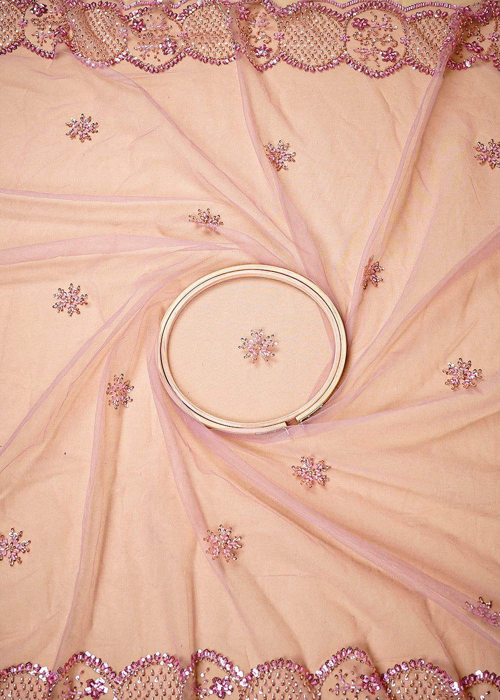 Onion Imported Net Dupatta Fabric with Allover Sequins and Katdana Work with Two-Side Scalloped Border 16096