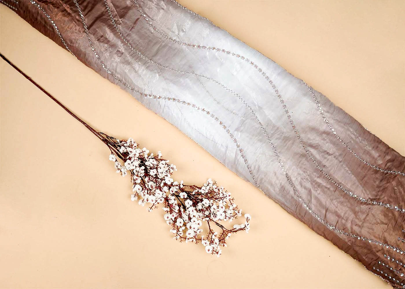 Brown Organza Satin Dupatta Fabric With Katdana and Sequins Work With Two Side Border 16104