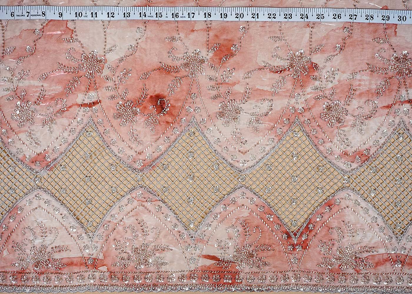 Light Pink Organza Satin Fabric with All Over Katdana and Sequins Work with One Side Heavy Cutwork Border 16108