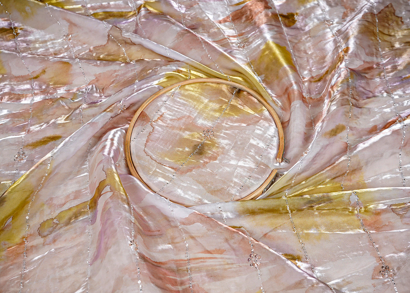 Blush Pink Organza Satin Fabric with All Over Katdana and Sequins Work with One Side Heavy Cutwork Border 16110