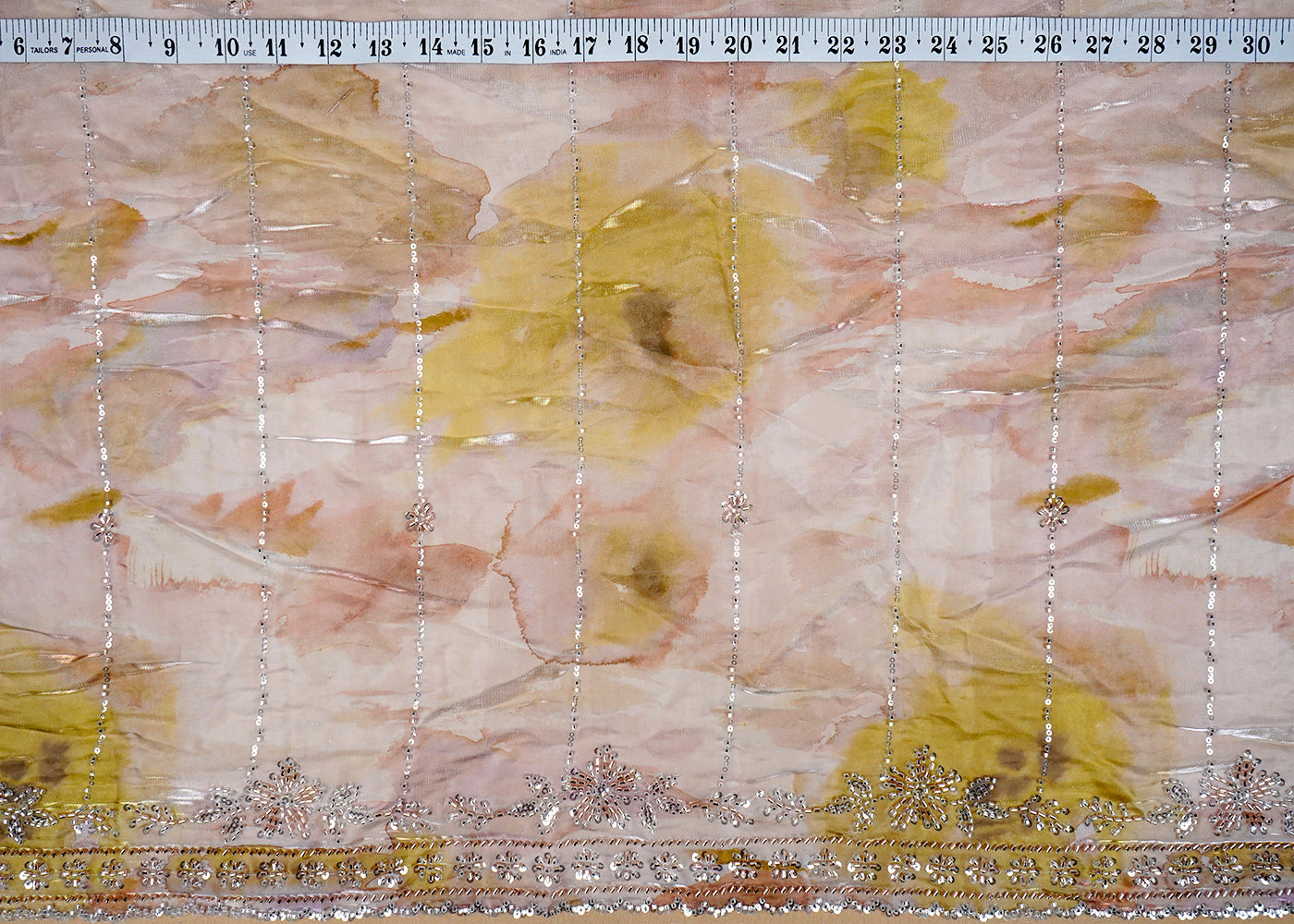 Blush Pink Organza Satin Fabric with All Over Katdana and Sequins Work with One Side Heavy Cutwork Border 16110