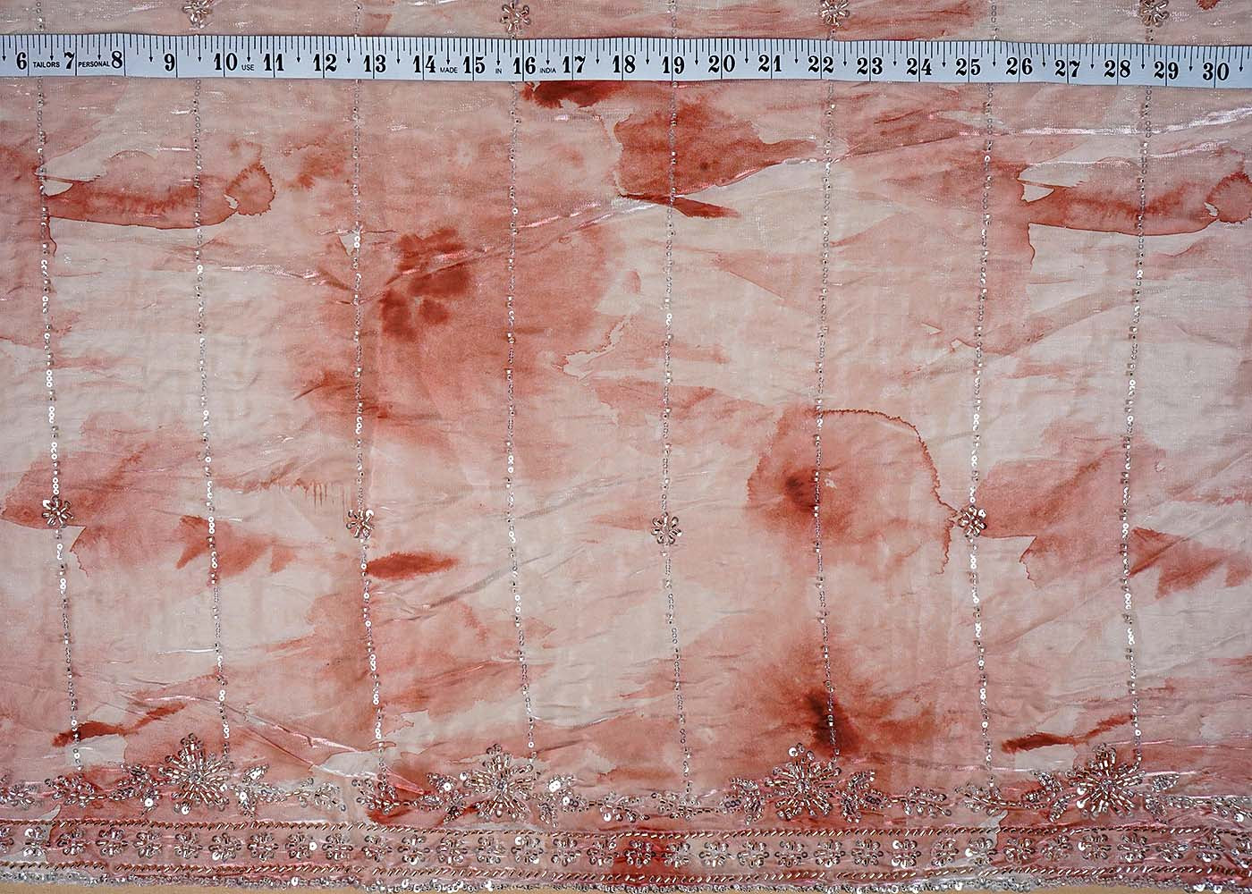 Light Pink Organza Satin Fabric with All Over Katdana and Sequins Work with One Side Heavy Cutwork Border 16111