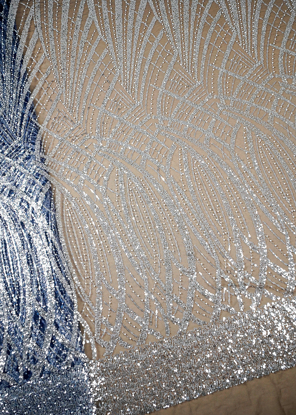 Navy Blue Imported Net Fabric With Allover Sequins Katdana and Pearl Work 16116