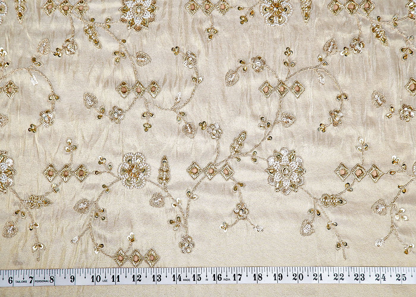 Golden Tissue Fabric with Allover Bead, Katdana, Sequins, Zari and Cutwork 16122