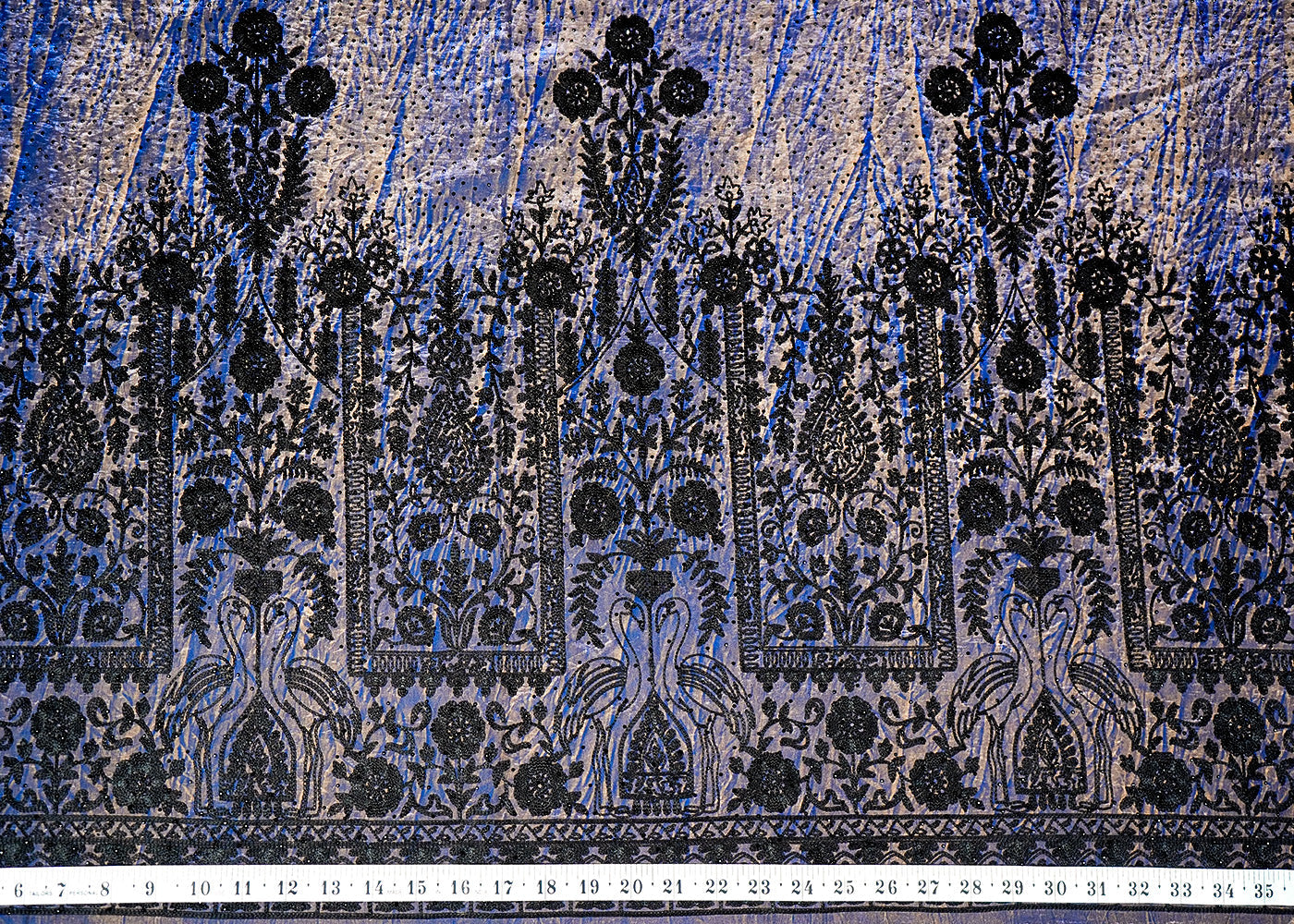 Royal Blue Silk Fabric With Tie-Dye and Swarovski Work With One Side Thread Work Border 16124