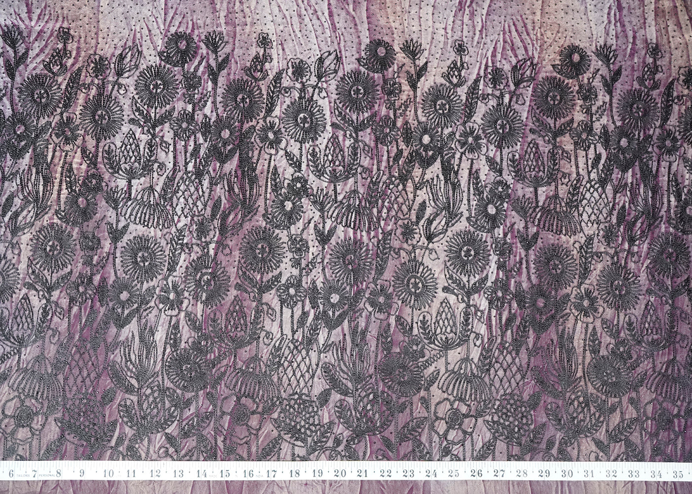 Purple Silk Fabric With Tie-Dye and Swarovski Work With One Side Thread Work Border 16126