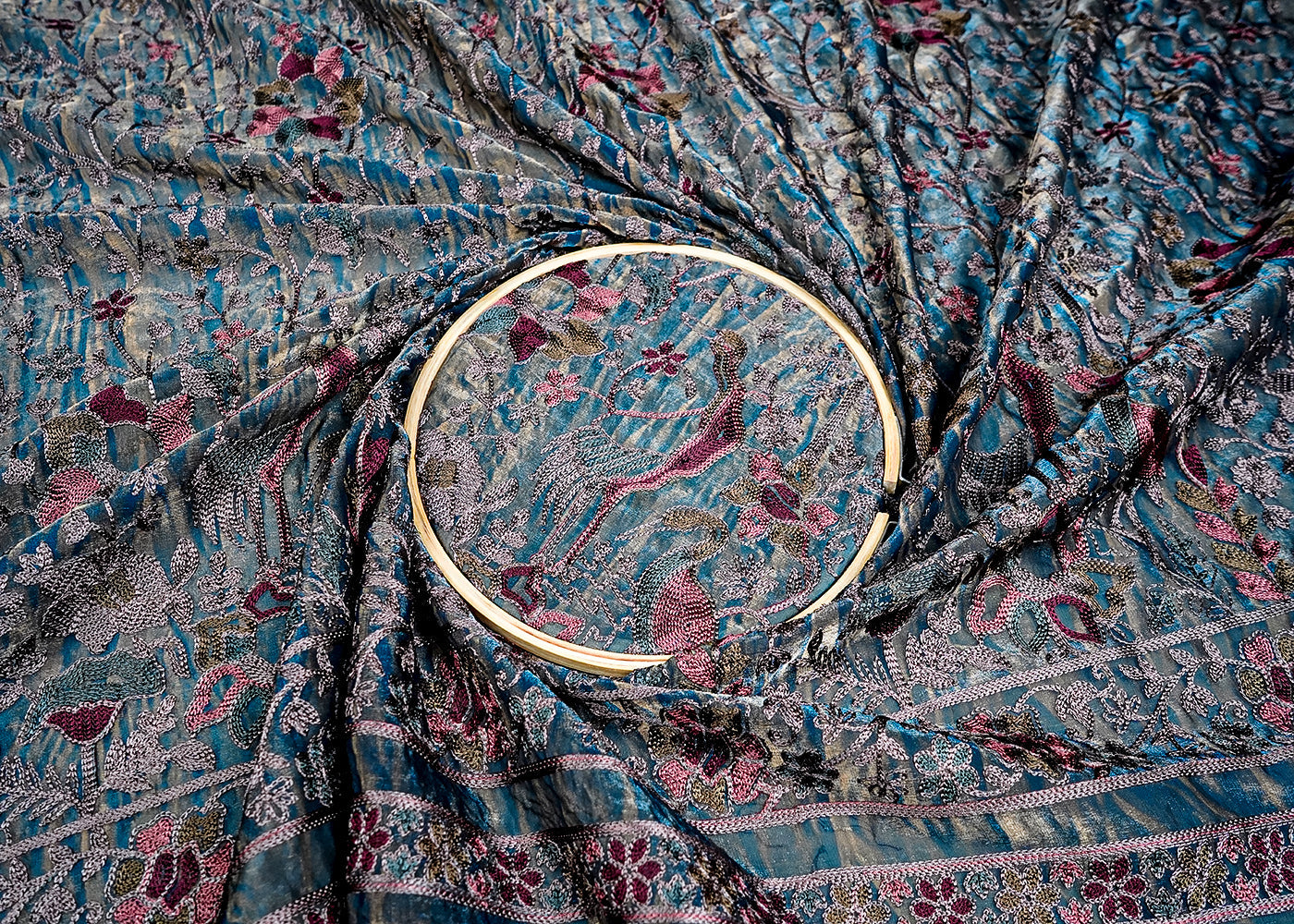 Teal Blue Silk Fabric With Allover Thread Work 16128