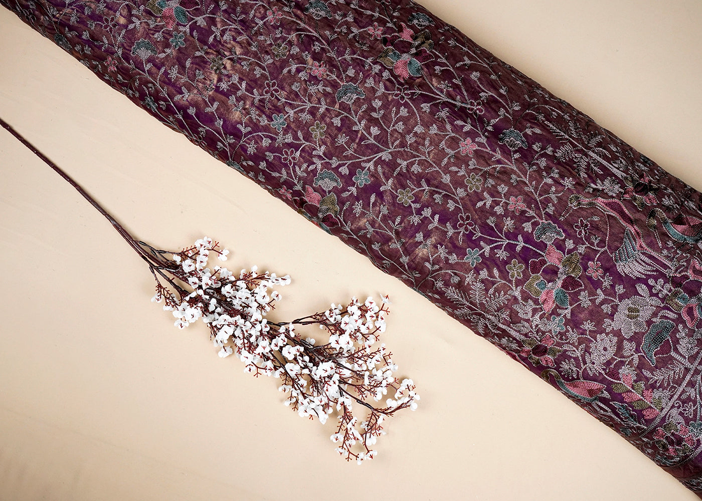 Wine Silk Fabric With Allover Thread Work 16129