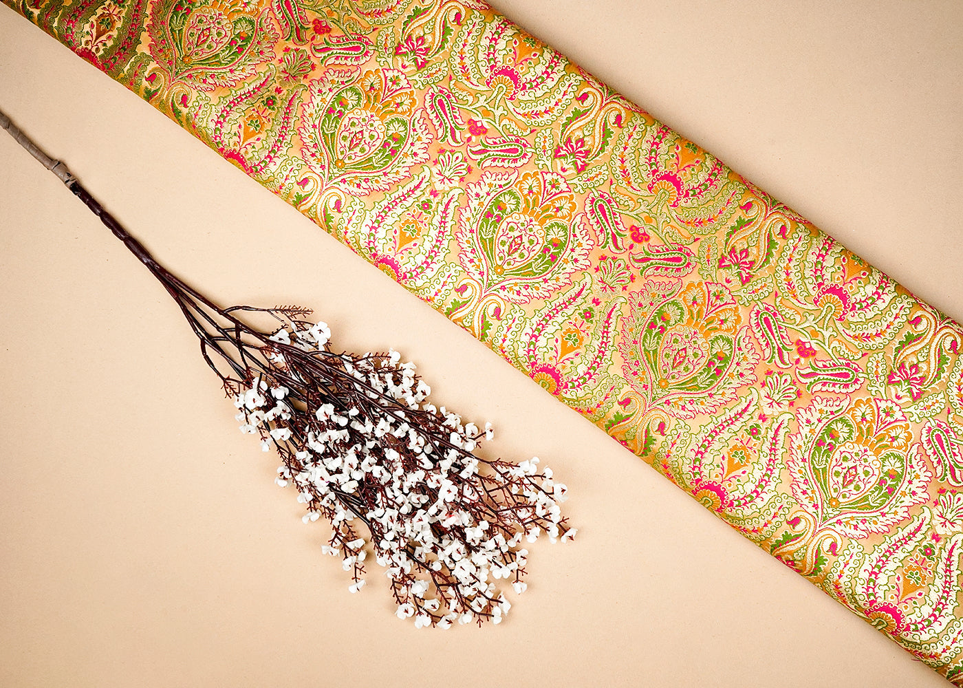 Golden Banarasi Brocade Fabric With Allover Golden Zari Handloom 16132