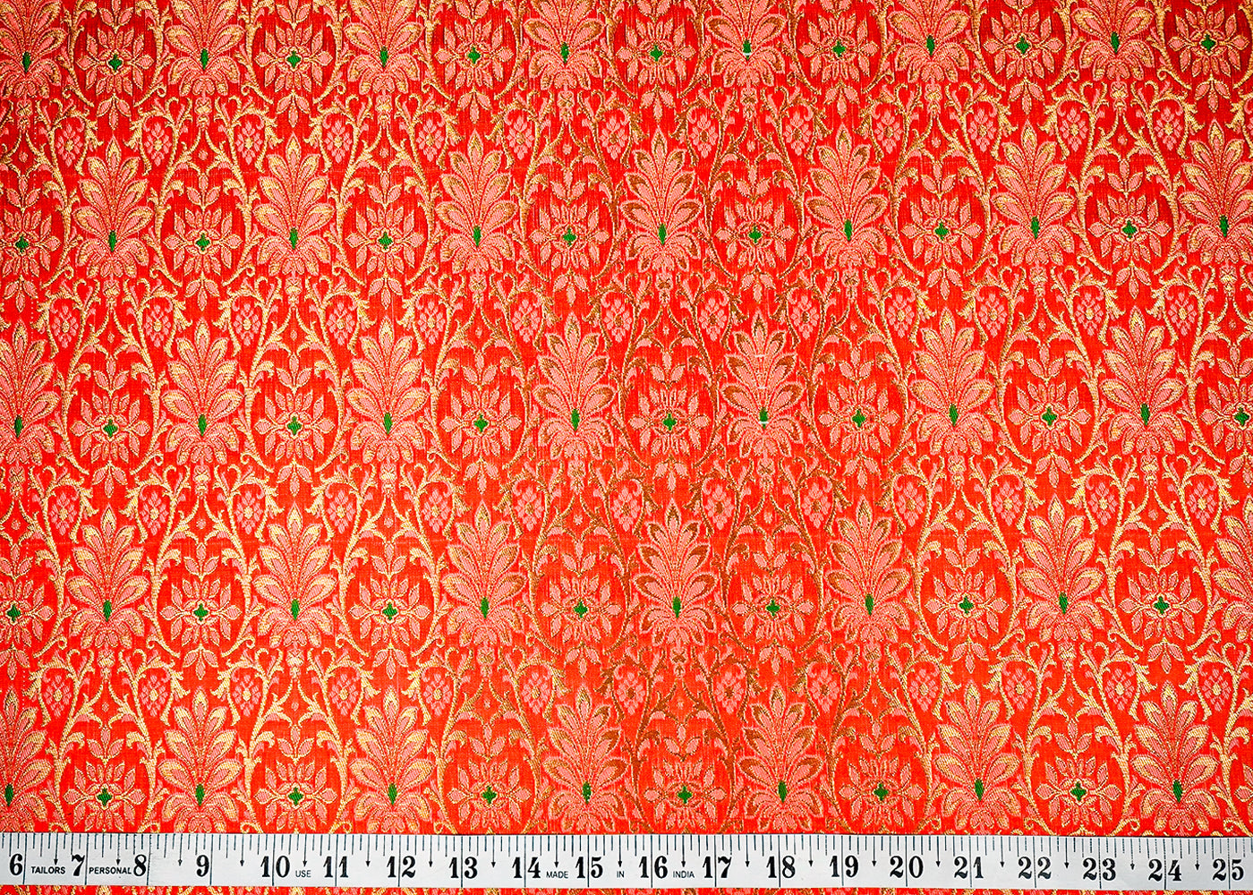 Orange Banarasi Brocade Fabric With Allover Golden Zari Handloom 16148