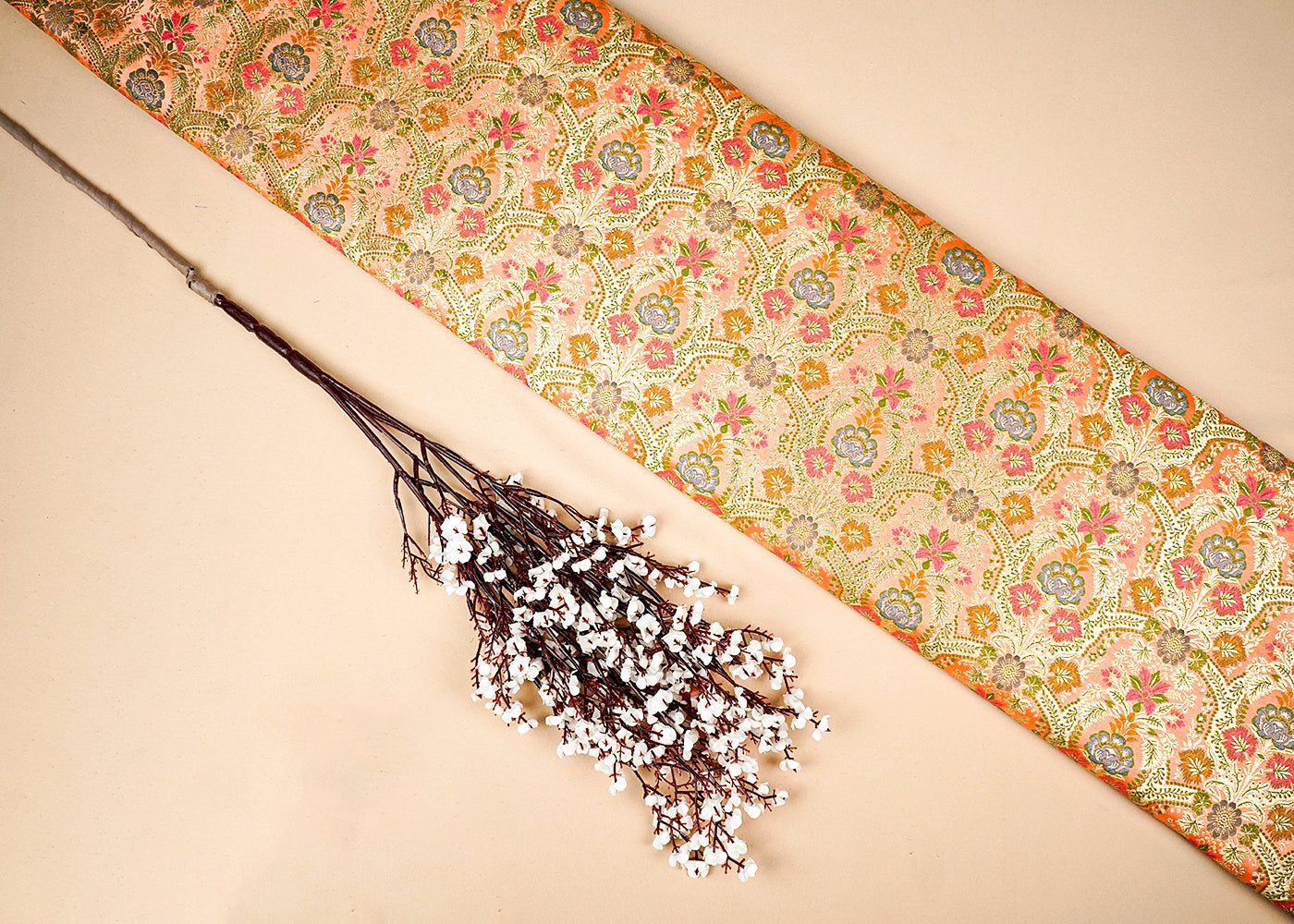 Peach Banarasi Brocade Fabric With Allover Golden Zari Handloom 16175