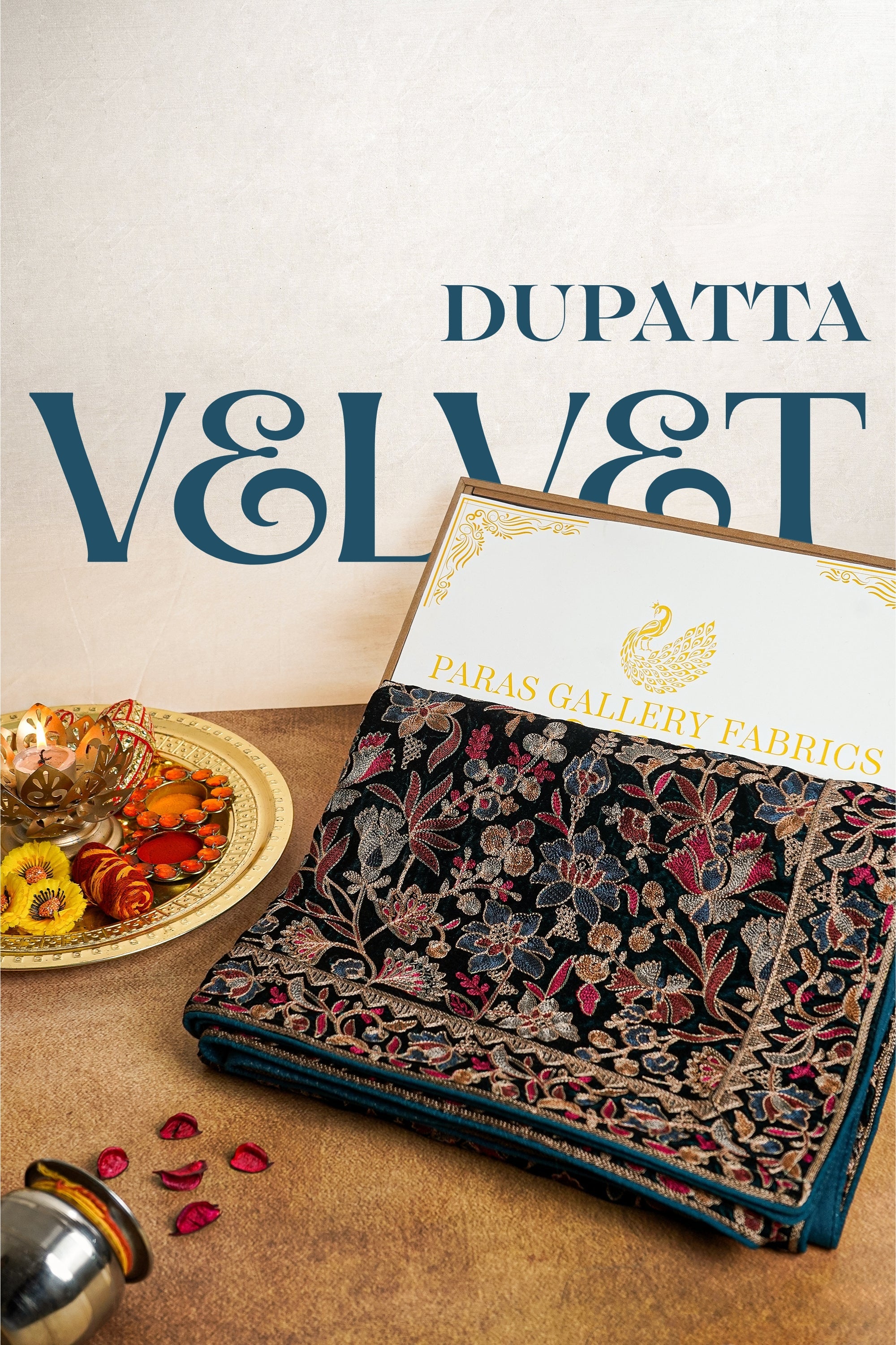 Teal Blue Velvet Dupatta With All Over Thread And Sarwoski Work 16179