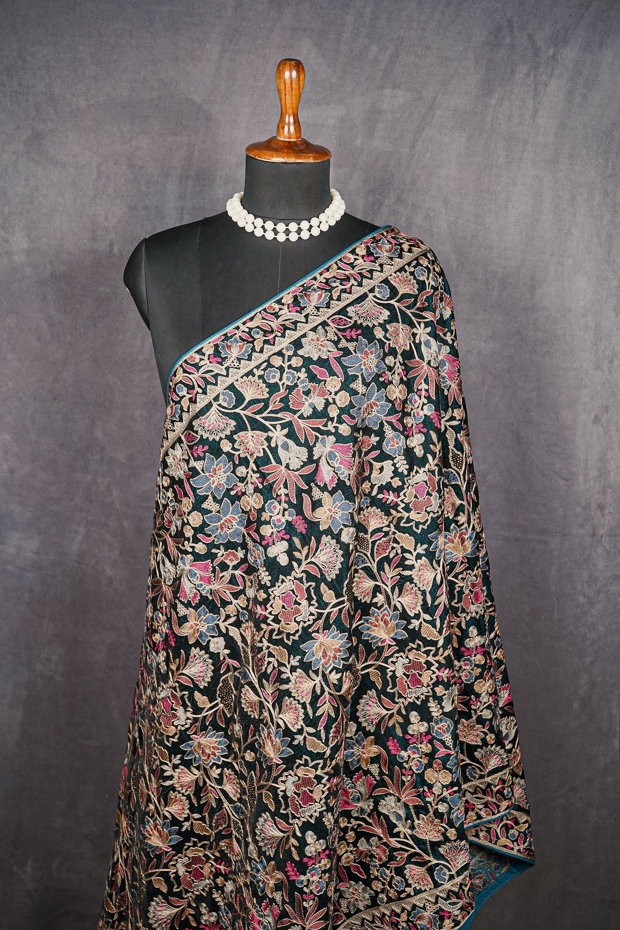 Teal Blue Velvet Dupatta With All Over Thread And Sarwoski Work 16179