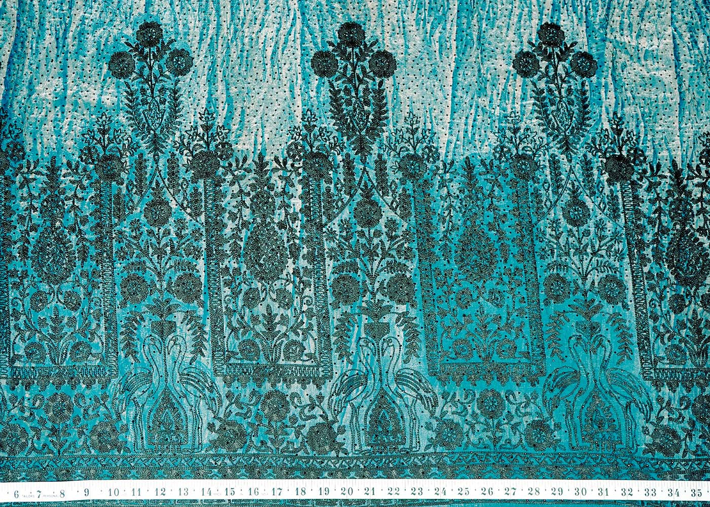 Teal Blue Silk Fabric With Tie-Dye and Swarovski Work With One Side Thread Work Border 16181