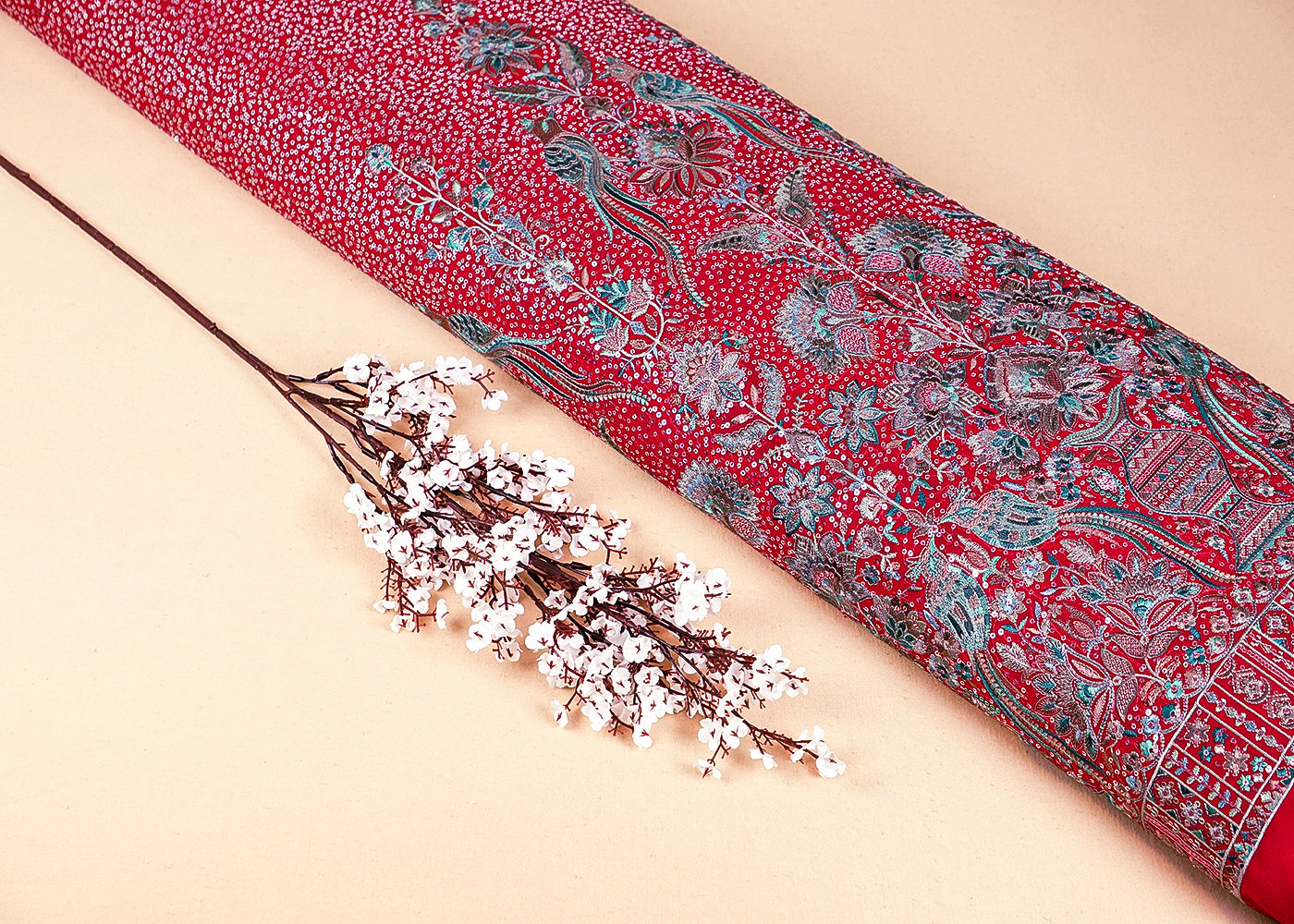 Rani Pink Georgette Fabric With Allover Sequins And Thread Work With One Side Heavy Border 16189