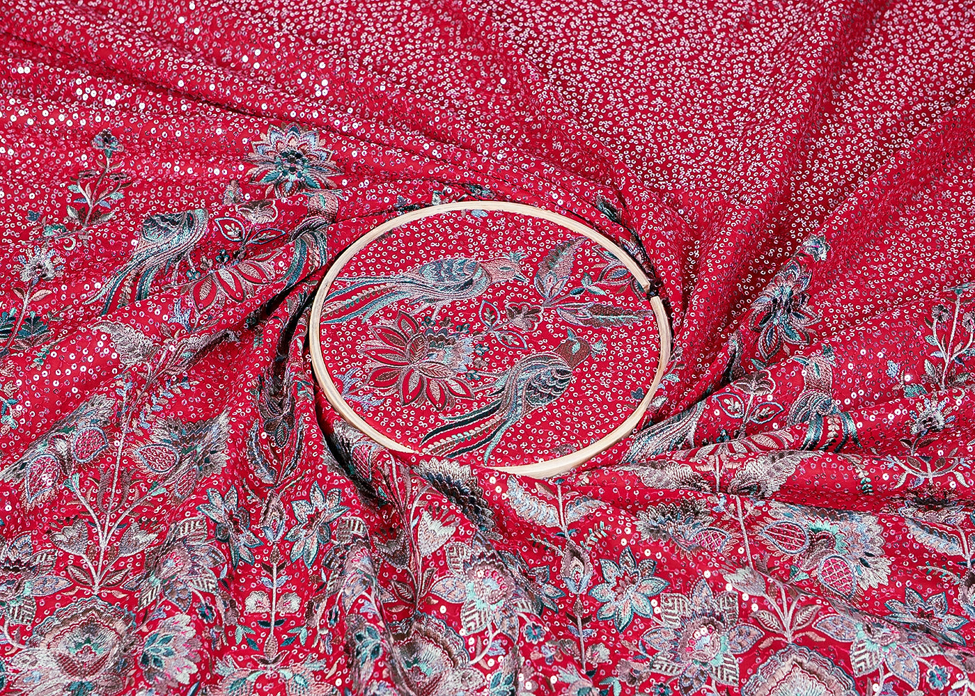 Rani Pink Georgette Fabric With Allover Sequins And Thread Work With One Side Heavy Border 16189