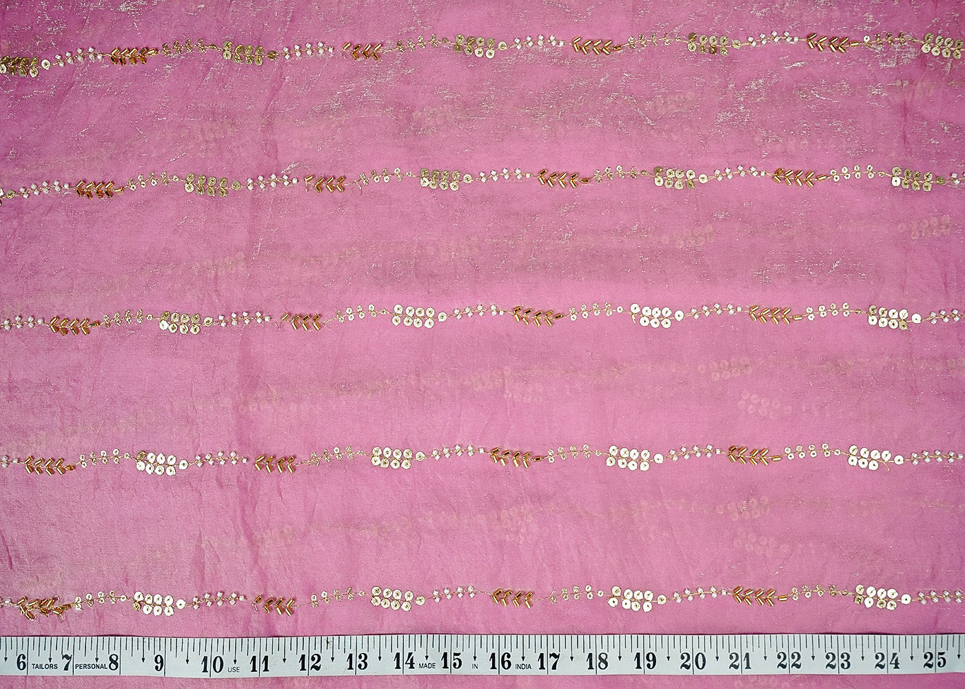 Light Pink Silk, Tissue Fabric With Allover Stripes Of Katdana, Sequins And Bead Work 16193