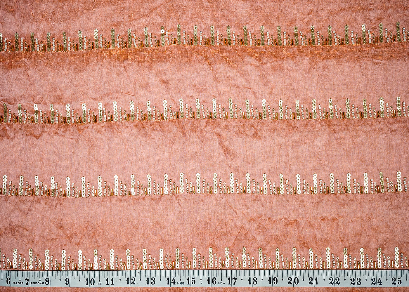 Peach Tissue Fabric With Allover Stripes Of Katdana, Sequins And Bead Work 16196