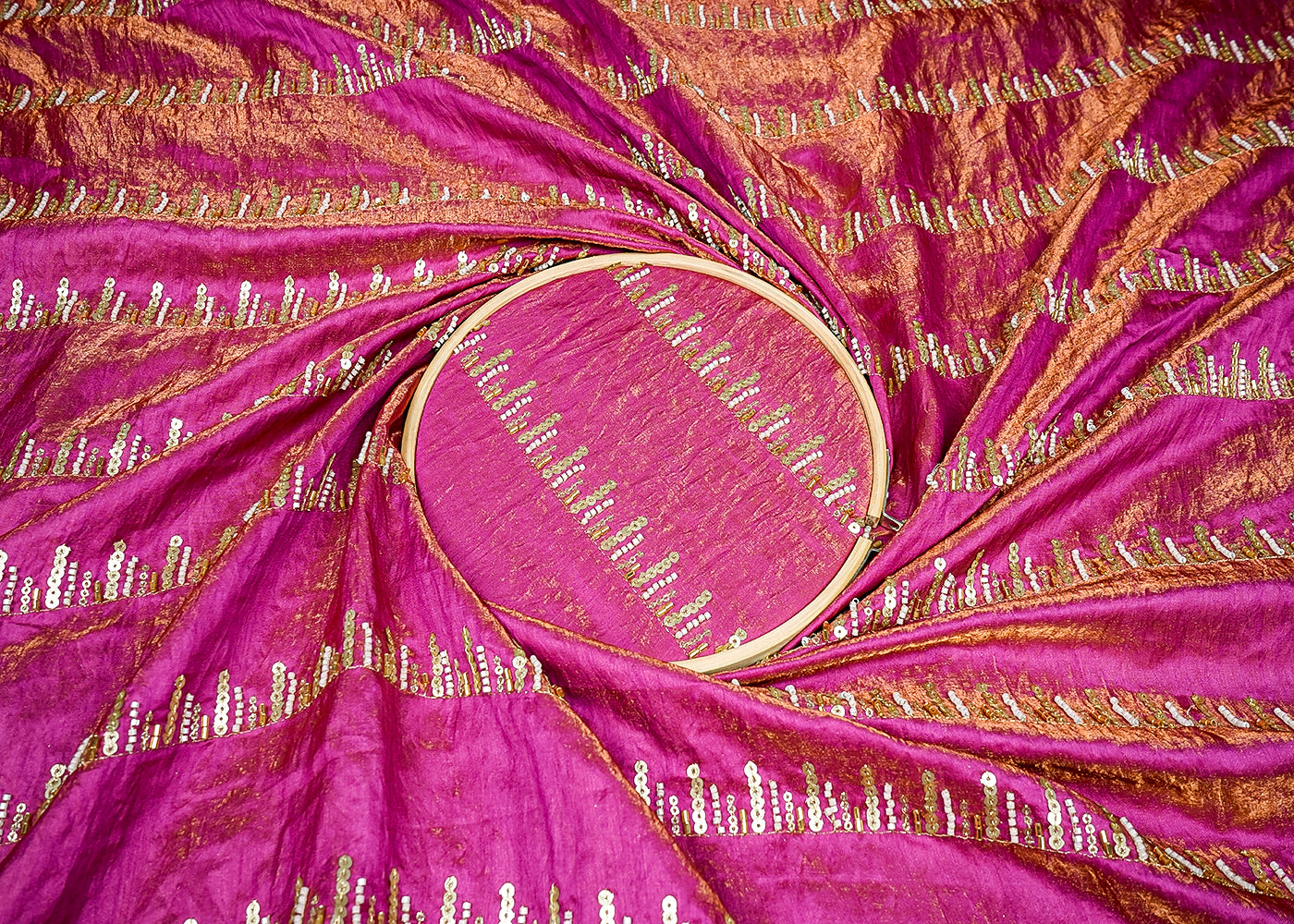 Magenta Tissue Fabric With Allover Stripes Of Katdana, Sequins And Bead Work 16197