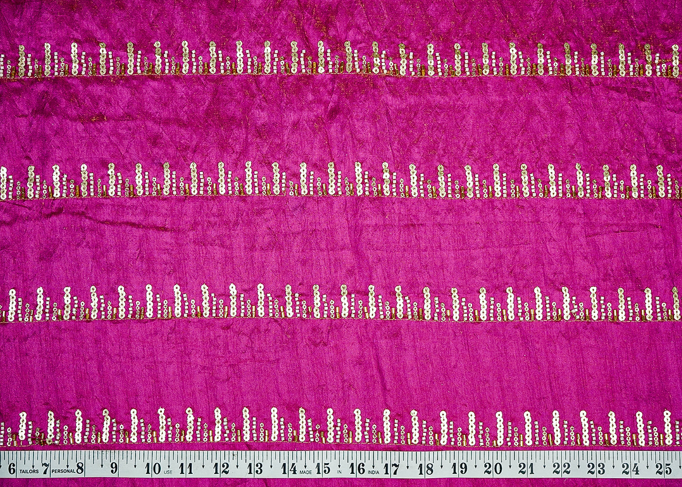 Magenta Tissue Fabric With Allover Stripes Of Katdana, Sequins And Bead Work 16197