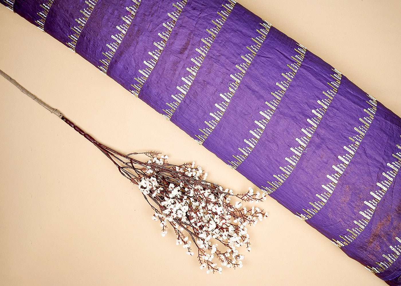 Purple Tissue Fabric With Allover Stripes Of Katdana, Sequins And Bead Work 16198
