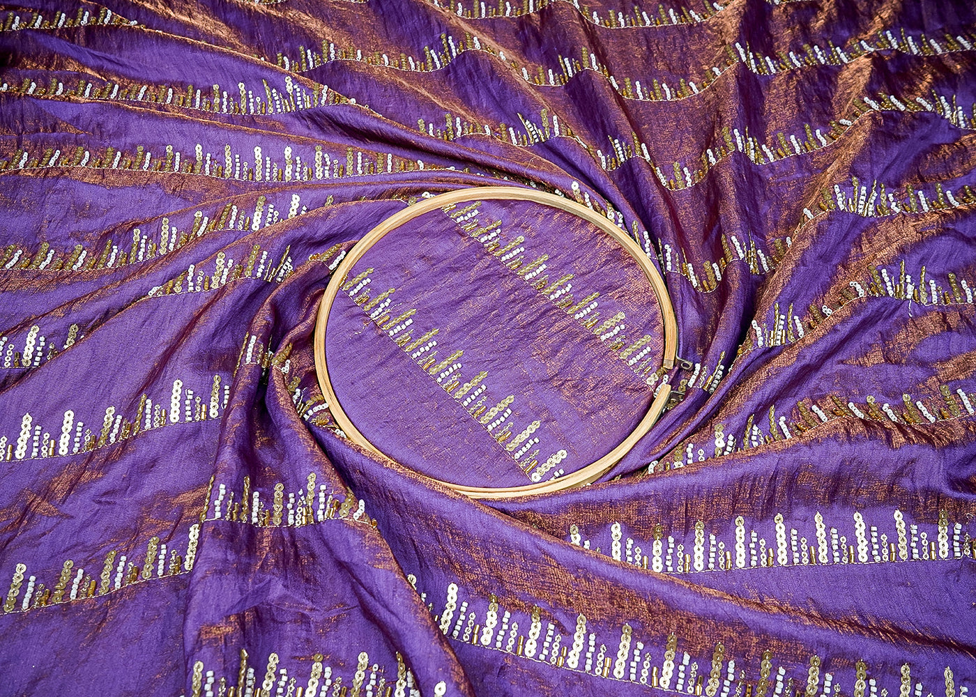 Purple Tissue Fabric With Allover Stripes Of Katdana, Sequins And Bead Work 16198