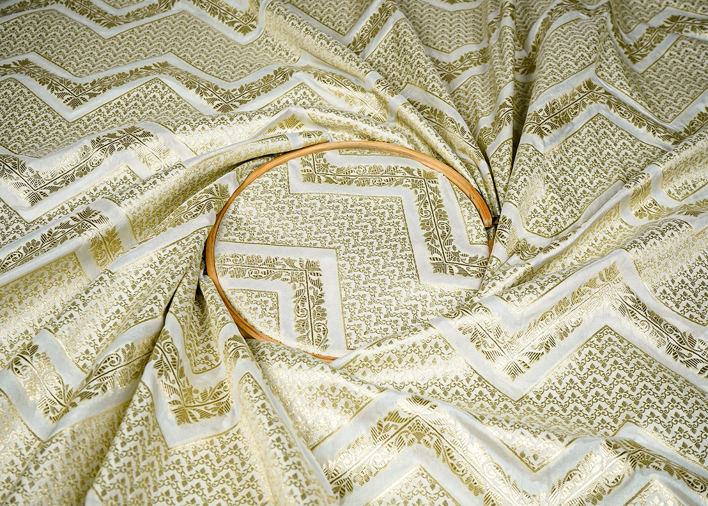 White Upada Silk Fabric With Allover Buti With Zari Handloom 16218