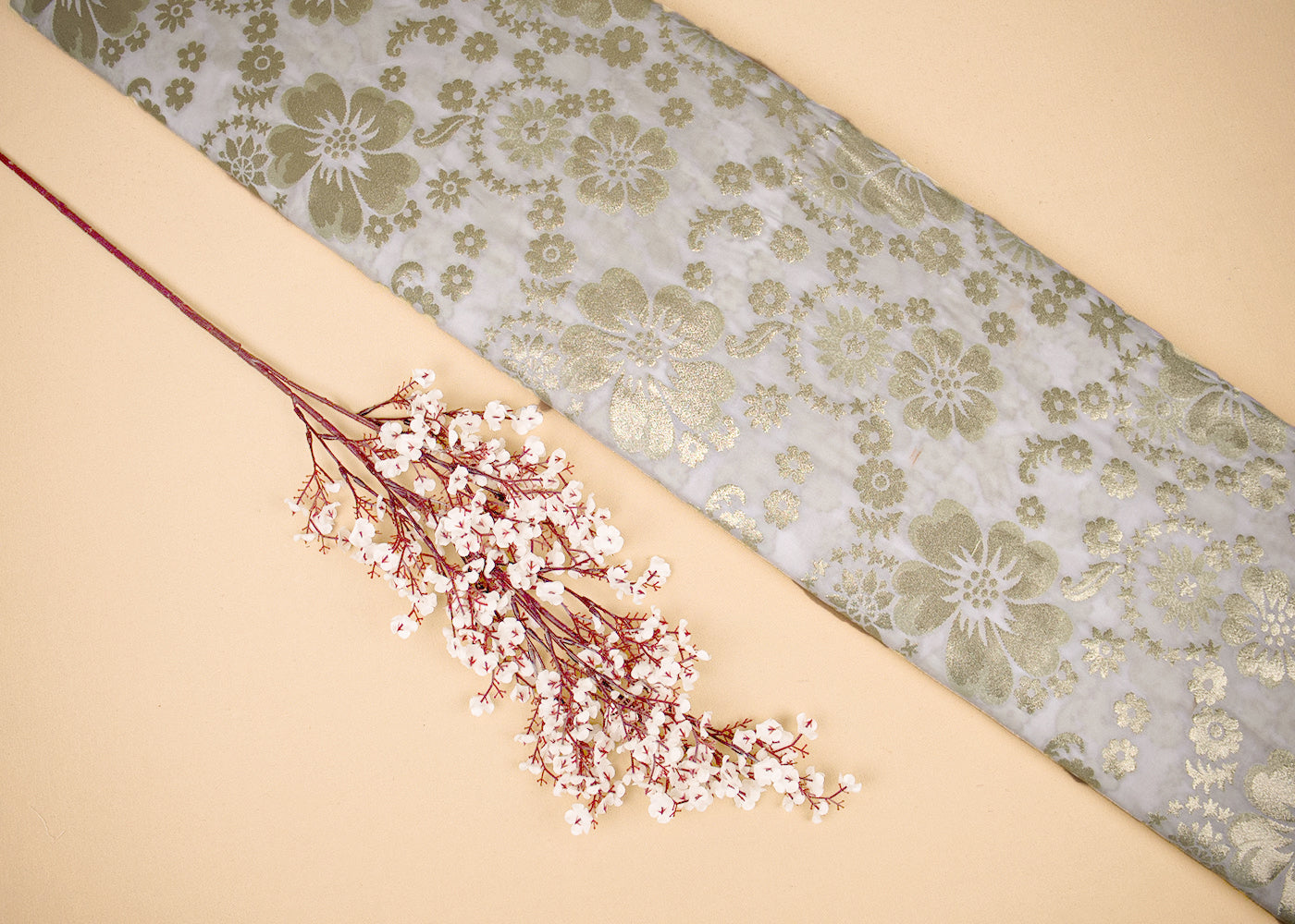 White Upada Silk Fabric With Allover Buti With Zari Handloom 16220