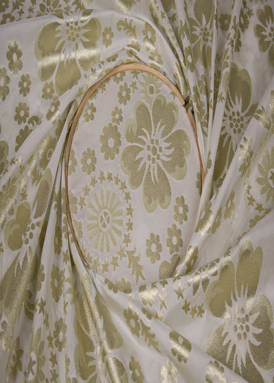White Silk Fabric With Allover Buti With Zari Handloom 16220