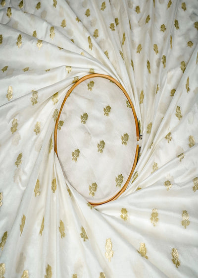 White Silk Fabric With Allover Buti With Zari Handloom 16228