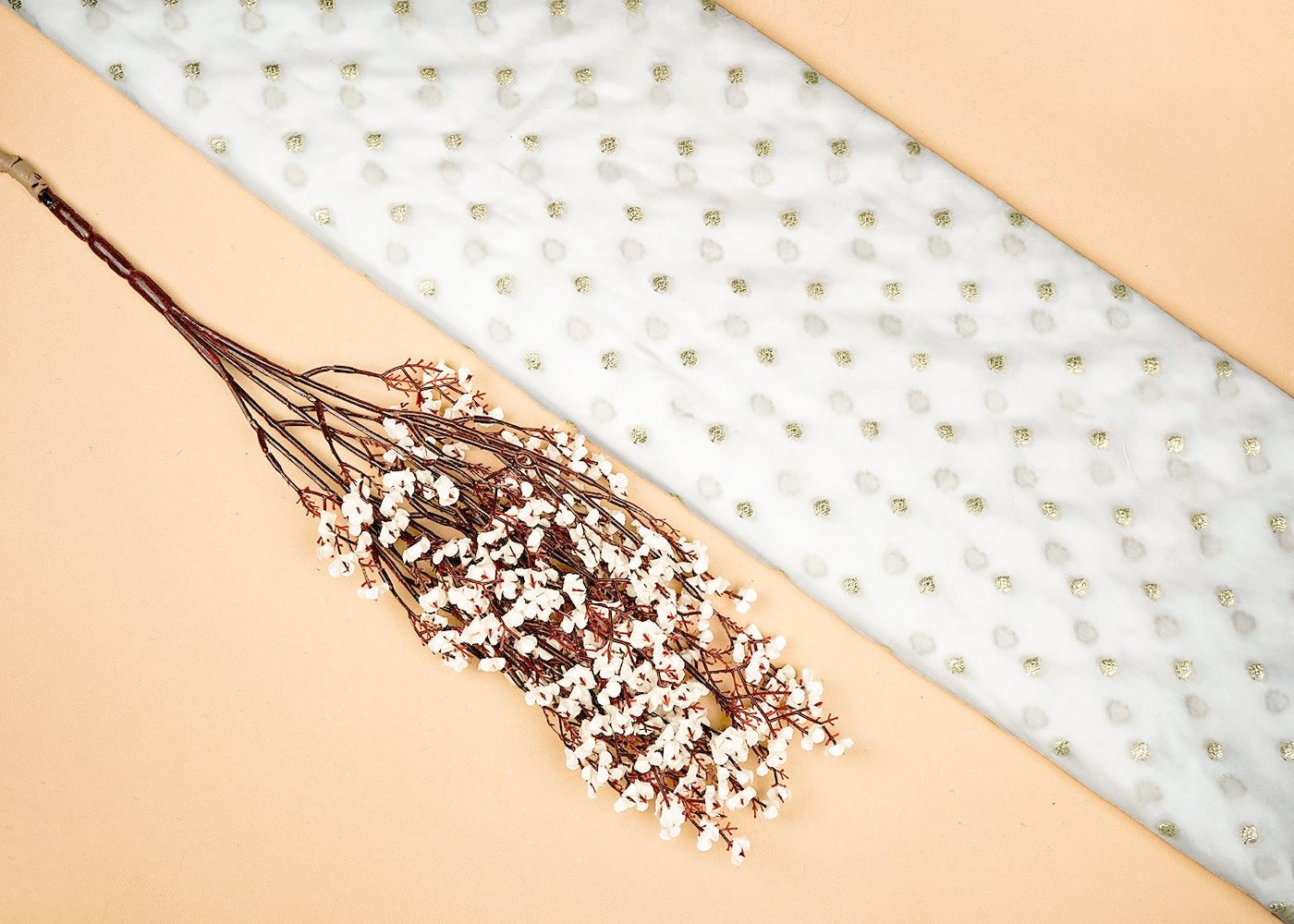 White Upada Silk Fabric With Allover Buti With Zari Handloom 16229