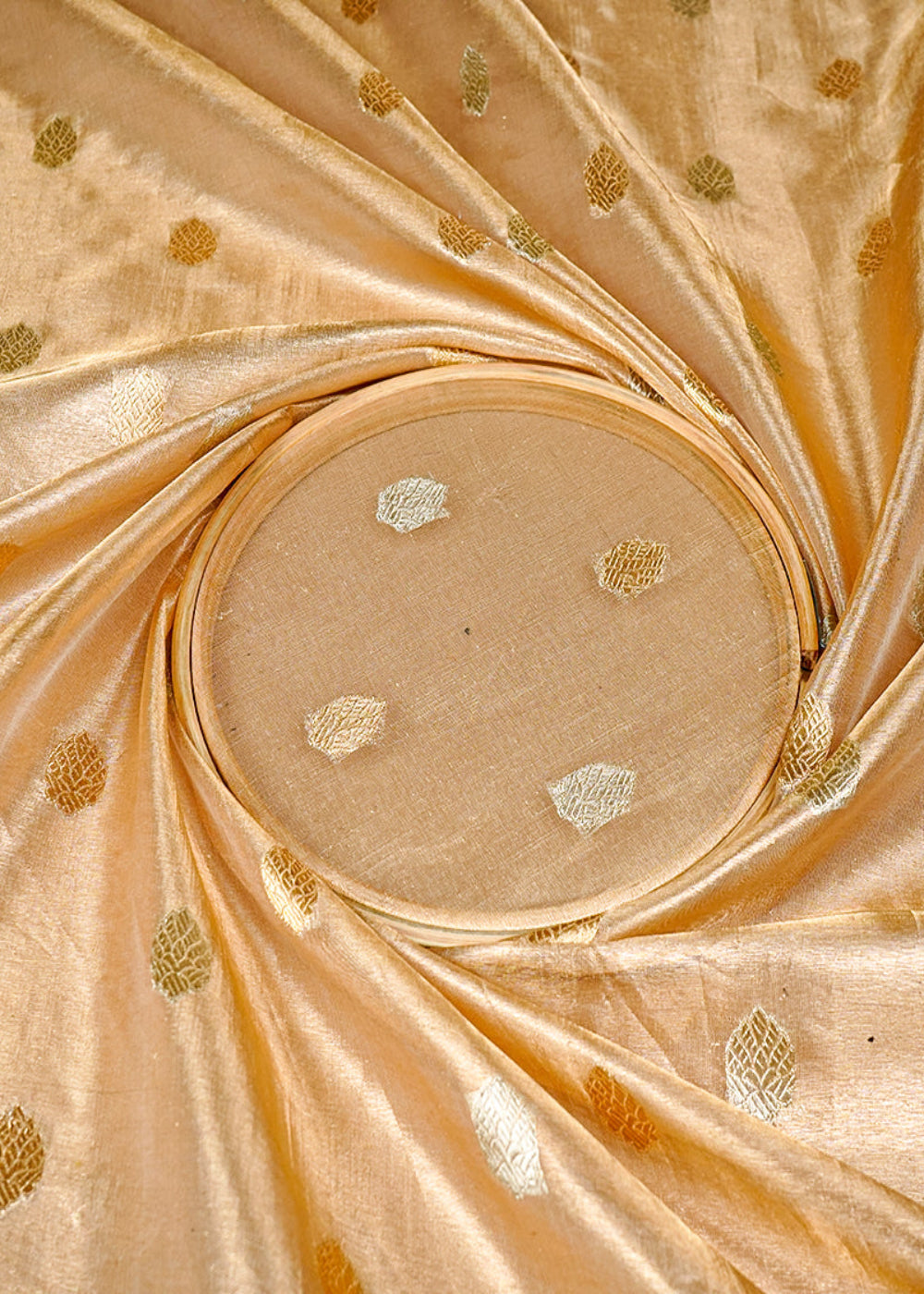 Golden-Pure-Tissue-Fabric-With-Allover-Silver-And-Golden-Buti-Work-16250-close-view