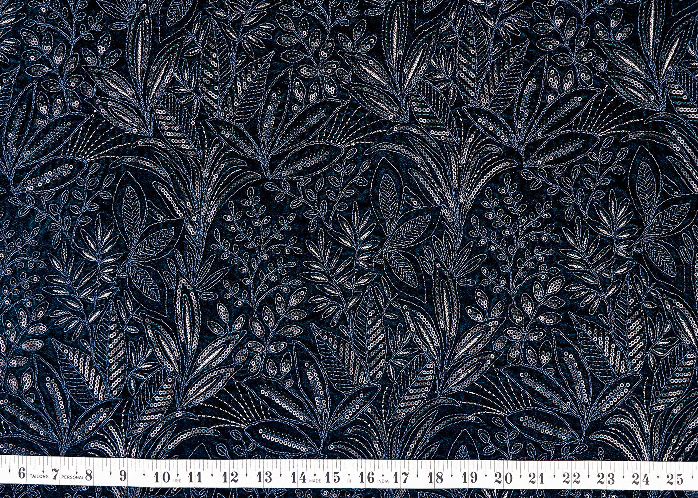 Teal Blue Velvet Fabric With All Over Thread And Sequins Work 16268