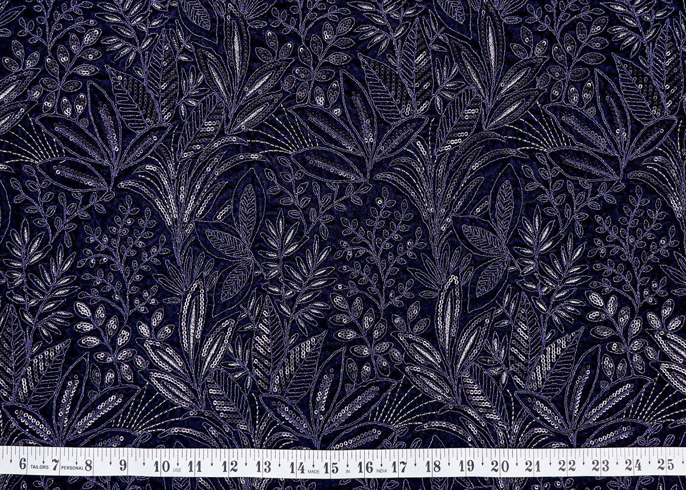 Navy Blue Velvet Fabric With All Over Thread And Sequins Work 16270