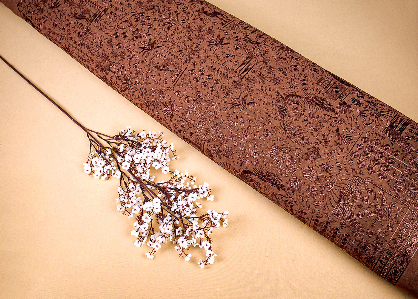 Brown Georgette Fabric With Allover Zari, Thread And Swarovski Work 16280