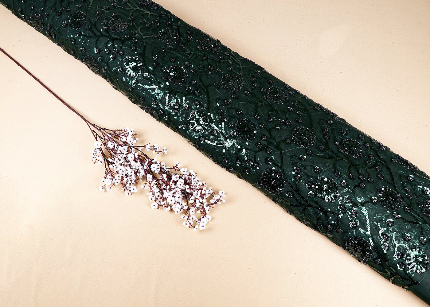 Bottle Green Imported Net Fabric With All Over Sequins And Katdana Work 16285