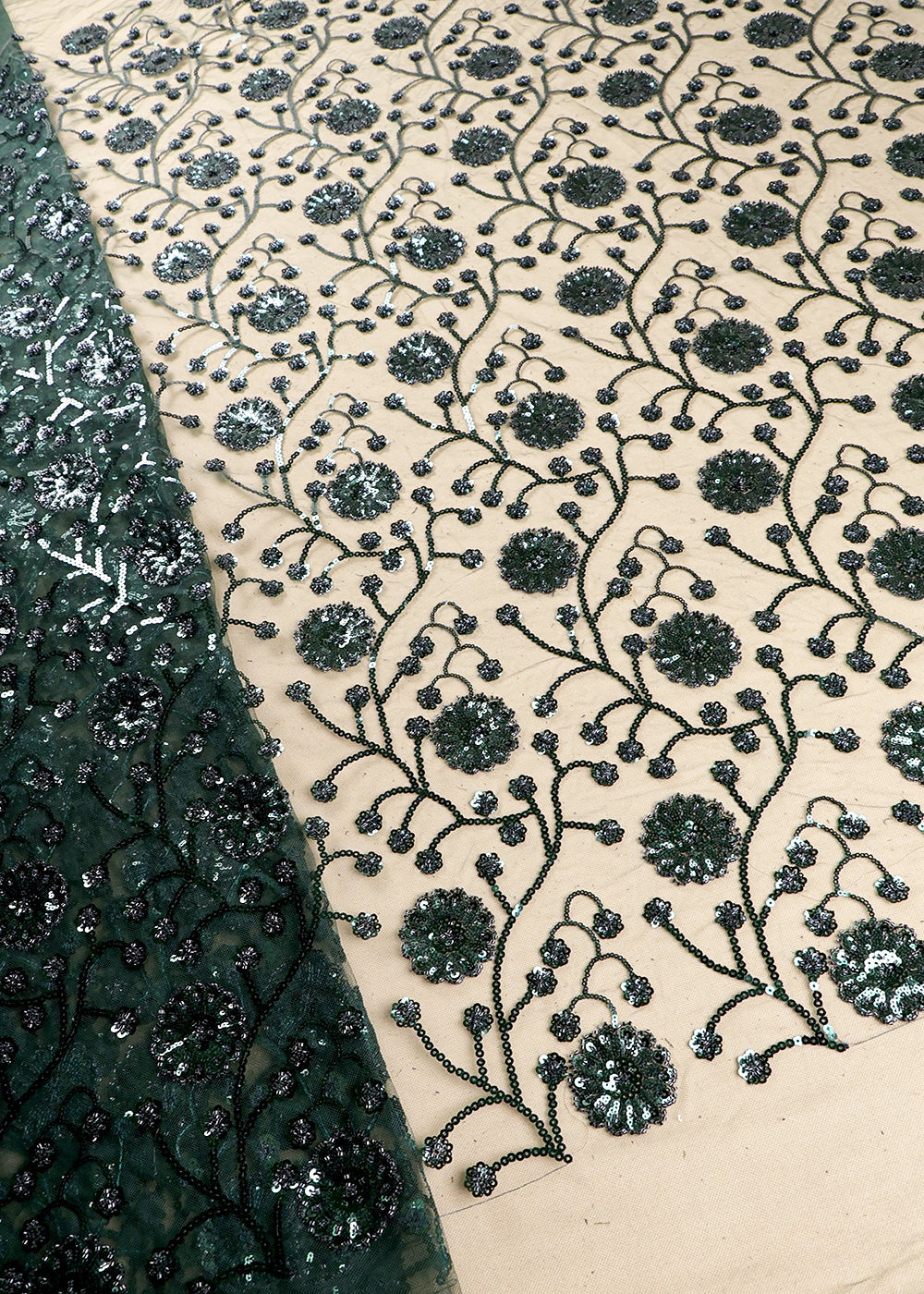 Bottle Green Imported Net Fabric With All Over Sequins And Katdana Work 16285
