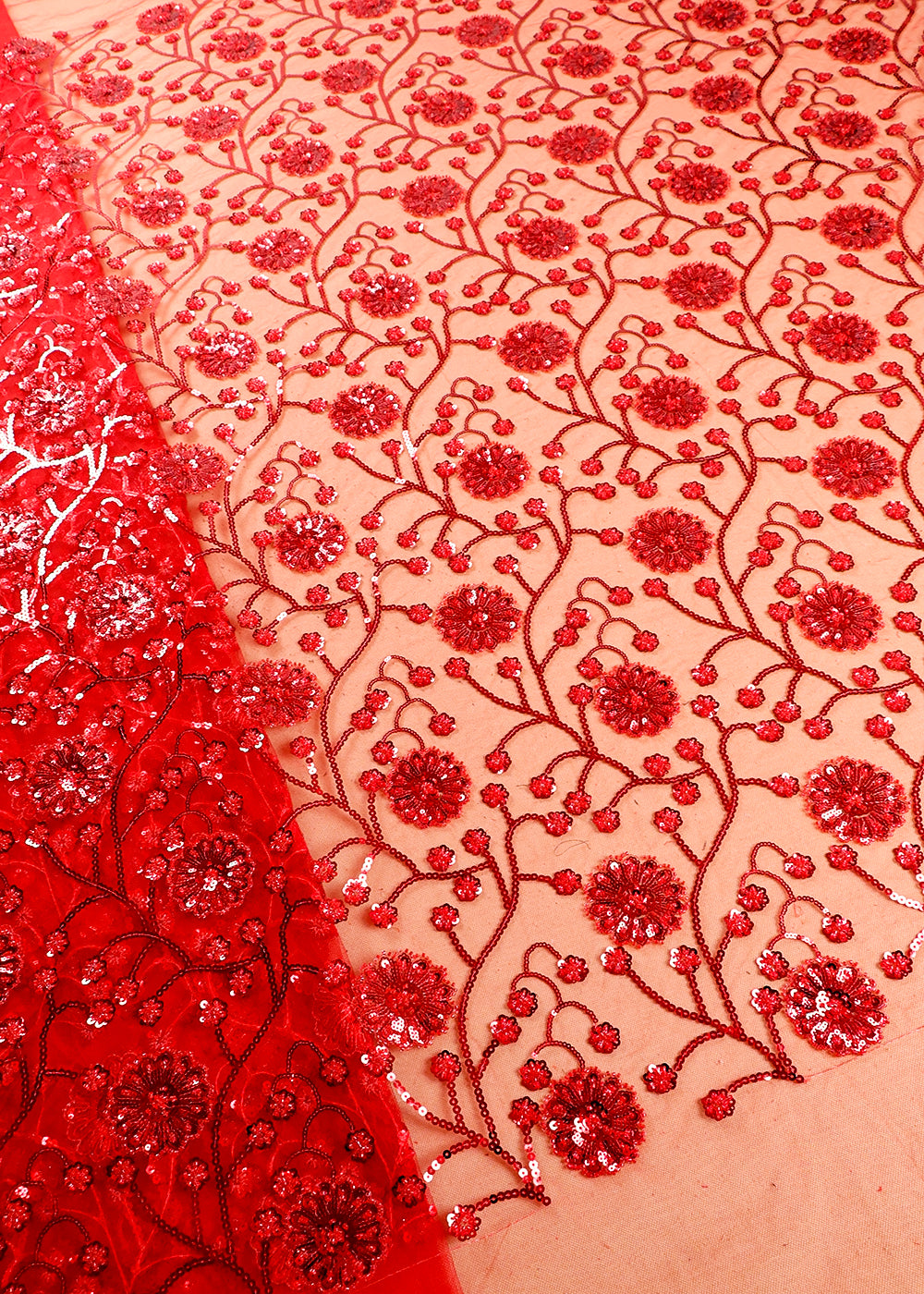 Red Imported Net Fabric With All Over Sequins And Katdana Work 16286