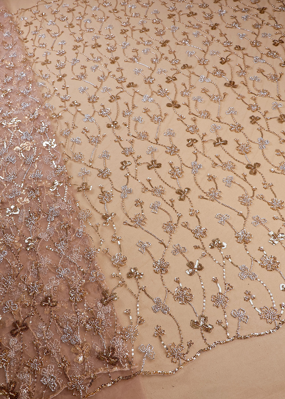 Gold Imported Net Fabric With All Over Sequins And Katdana Work 16287