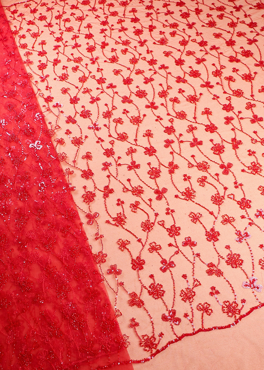 Red Imported Net Fabric With All Over Sequins And Katdana Work 16288