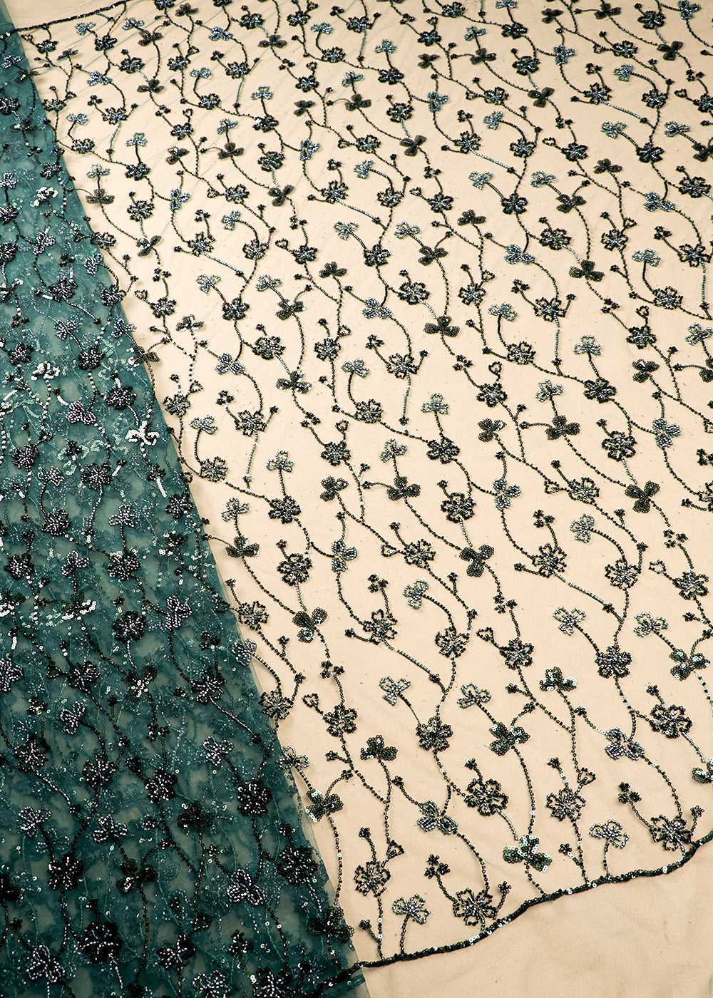 Bottle Green Imported Net Fabric With All Over Sequins And Katdana Work 16290