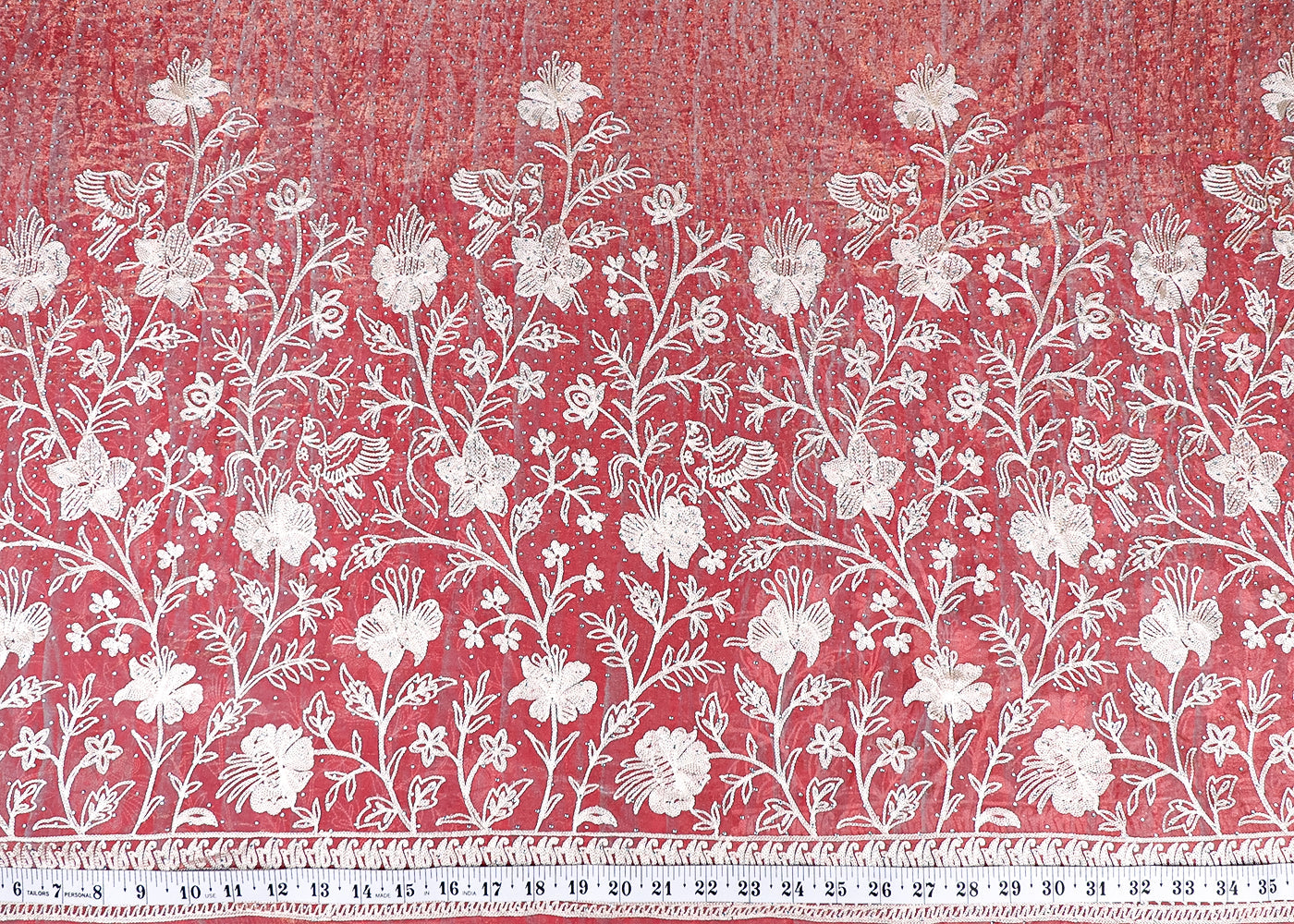 Coral Pink Silk Fabric With All Over Swarvoski Work With One Side Threadwork Border 16295
