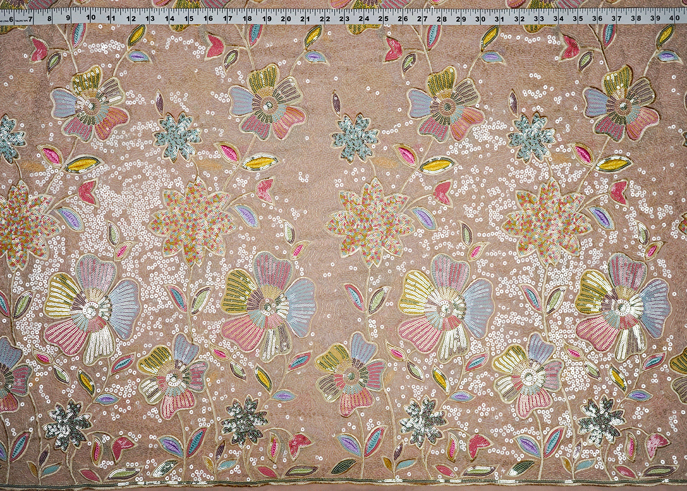 Light Peach Georgette Fabric With All Over Thread And Sequins Work With One Side Border 16296
