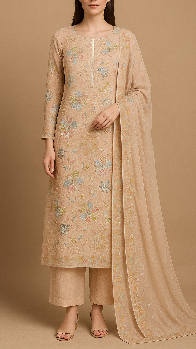 Light Peach Georgette Fabric With All Over Thread And Sequins Work 16296