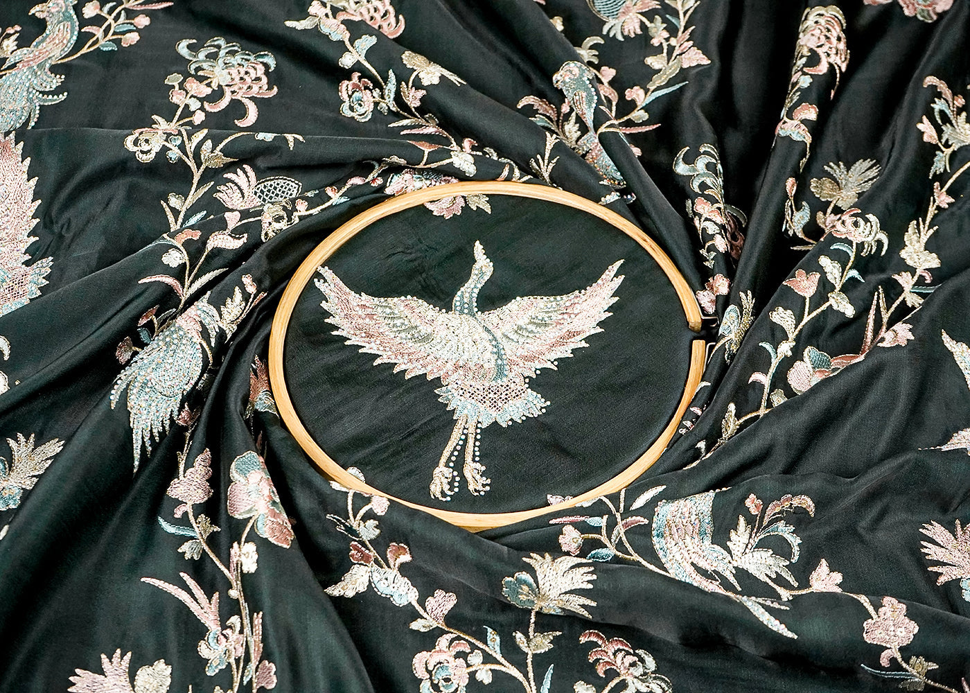 Bottle Green Silk Fabric With All Over Thread, Zari, Sequins And Swarvoski Work 16307